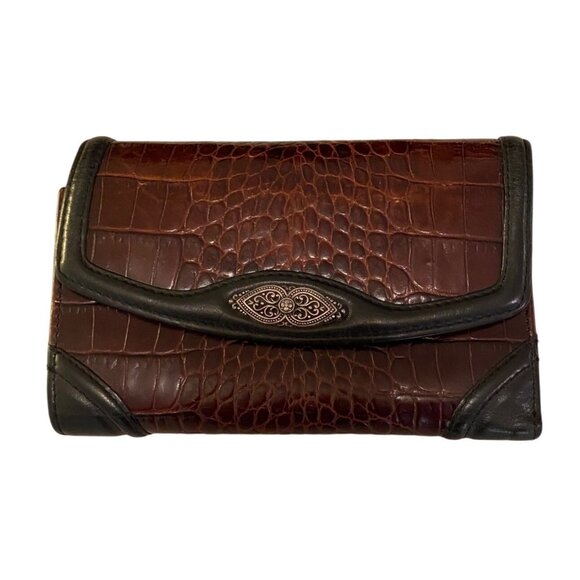 Vintage Brighton Crocodile-Embossed Tri-Fold Leather Wallet Snap Closure - Picture 1 of 9